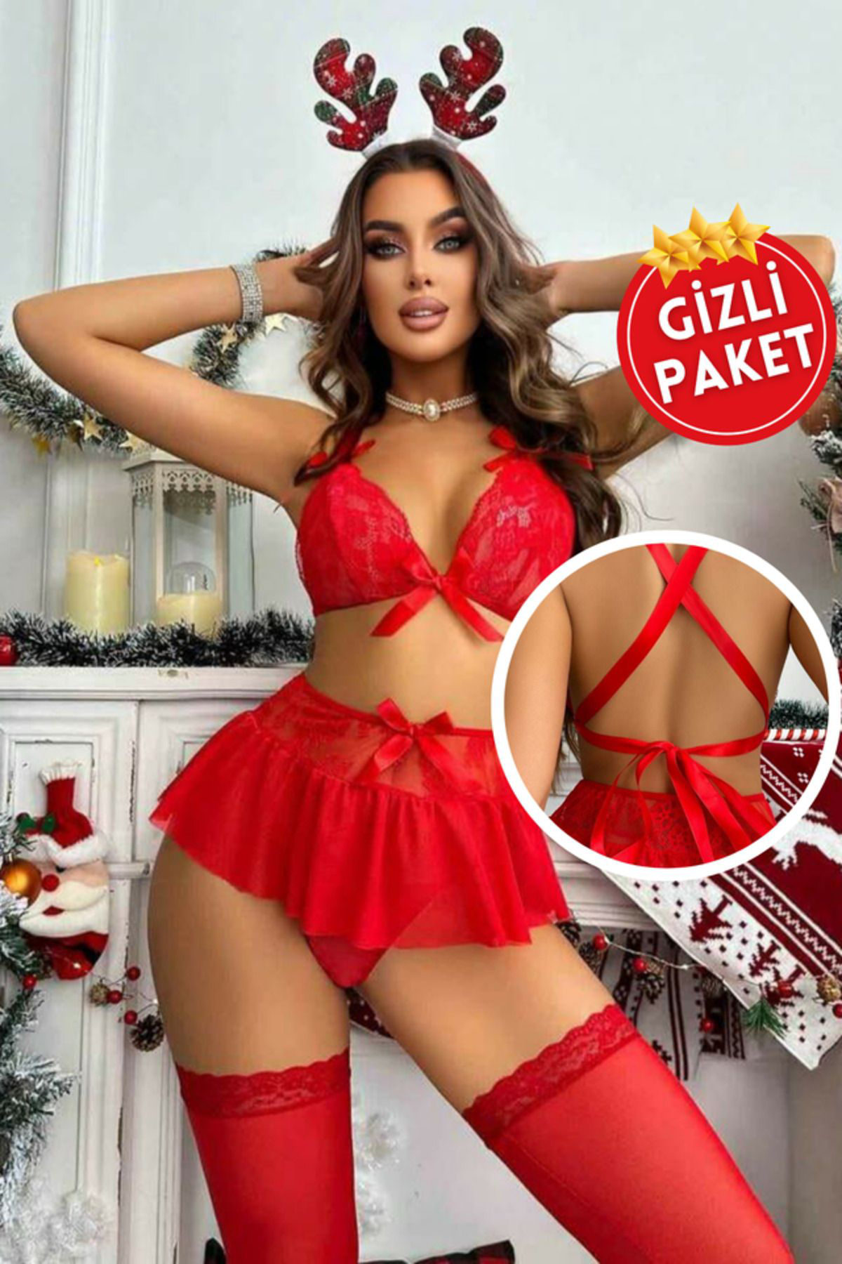 Kadın Kırmızı Dantel ve Fiyonk Detaylı Seksi Yılbaşı Kostüm, Seksi Yeniyıl Elbisesi Fiyatı, Yorumları ve Özellikleri