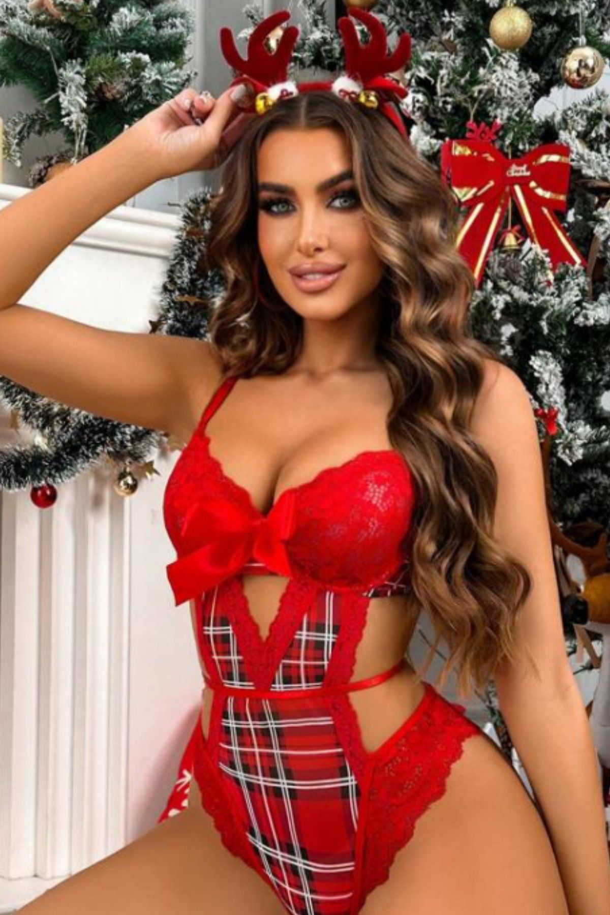 Kadın Kırmızı Dantel ve Fiyonk Detaylı Seksi Yılbaşı Kostüm Bodysuit, Şık Yeniyıl Babydoll Elbisesi
