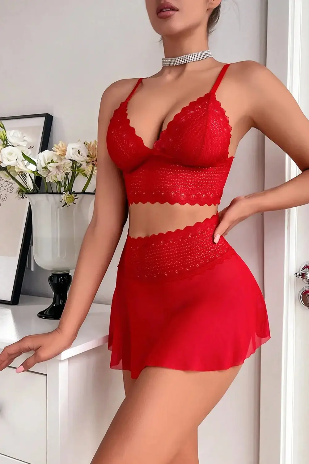 Kadın Kırmızı Dantel Ve Tül Detaylı Etekli Şık Gecelik Takımı