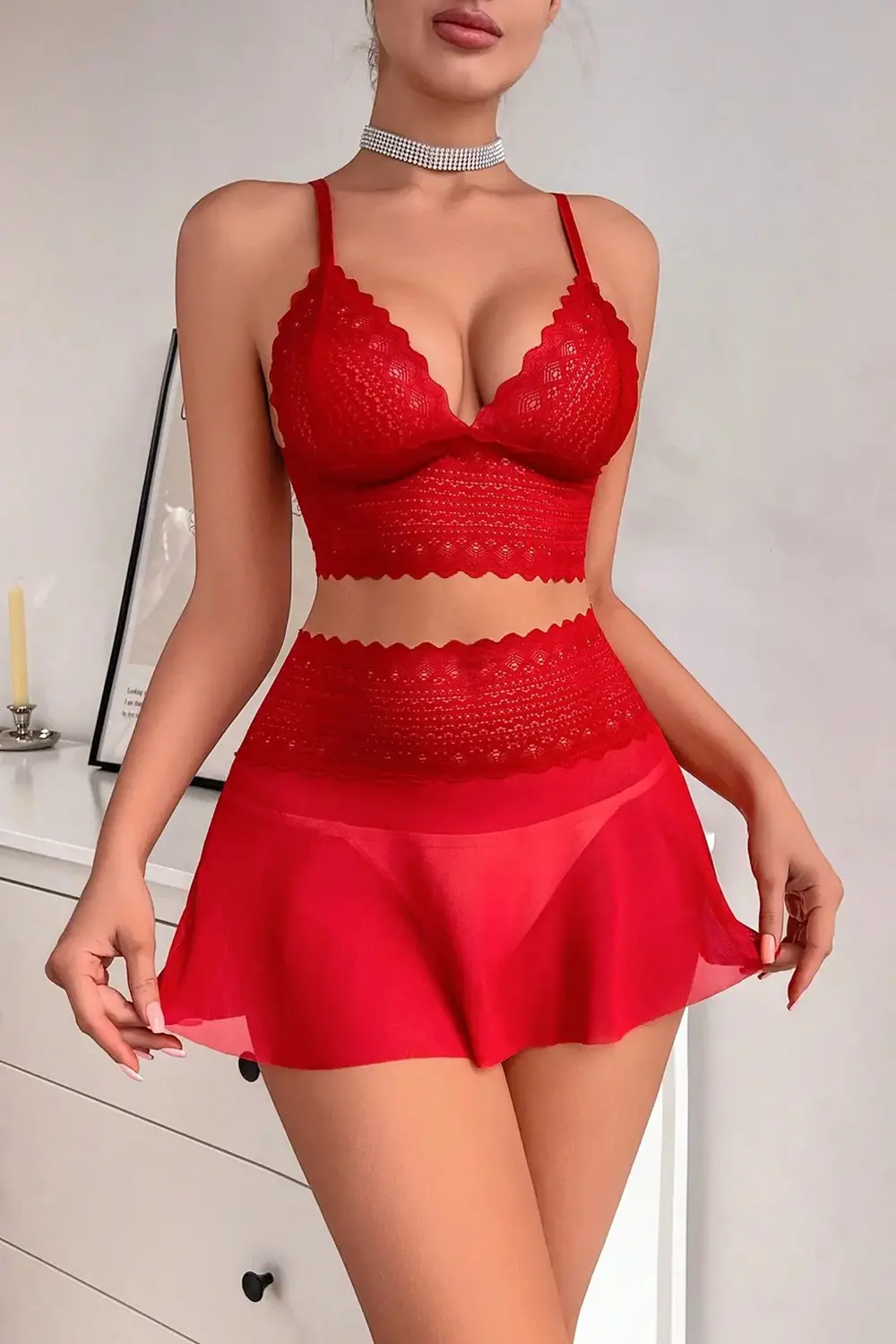 Kadın Kırmızı Dantel Ve Tül Detaylı Etekli Şık Gecelik Takımı