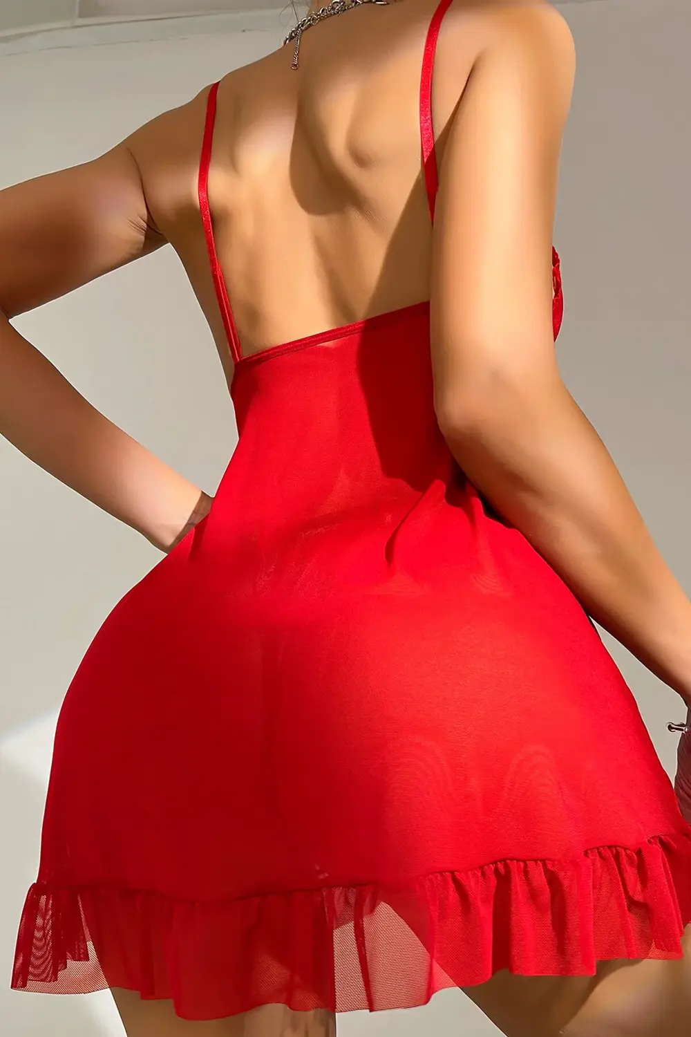 Kadın Kırmızı Dantelli, Fırfırlı Tül Ve Fiyonk Detaylı Tangalı Ge