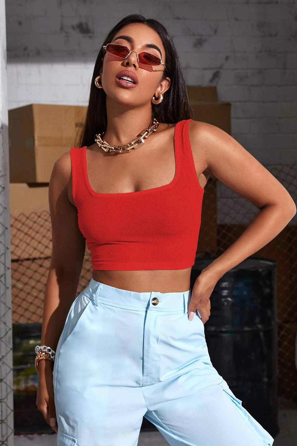 Kadın Kırmızı Kalın Askılı Crop Top Büstiyer - Konforlu ve Şık