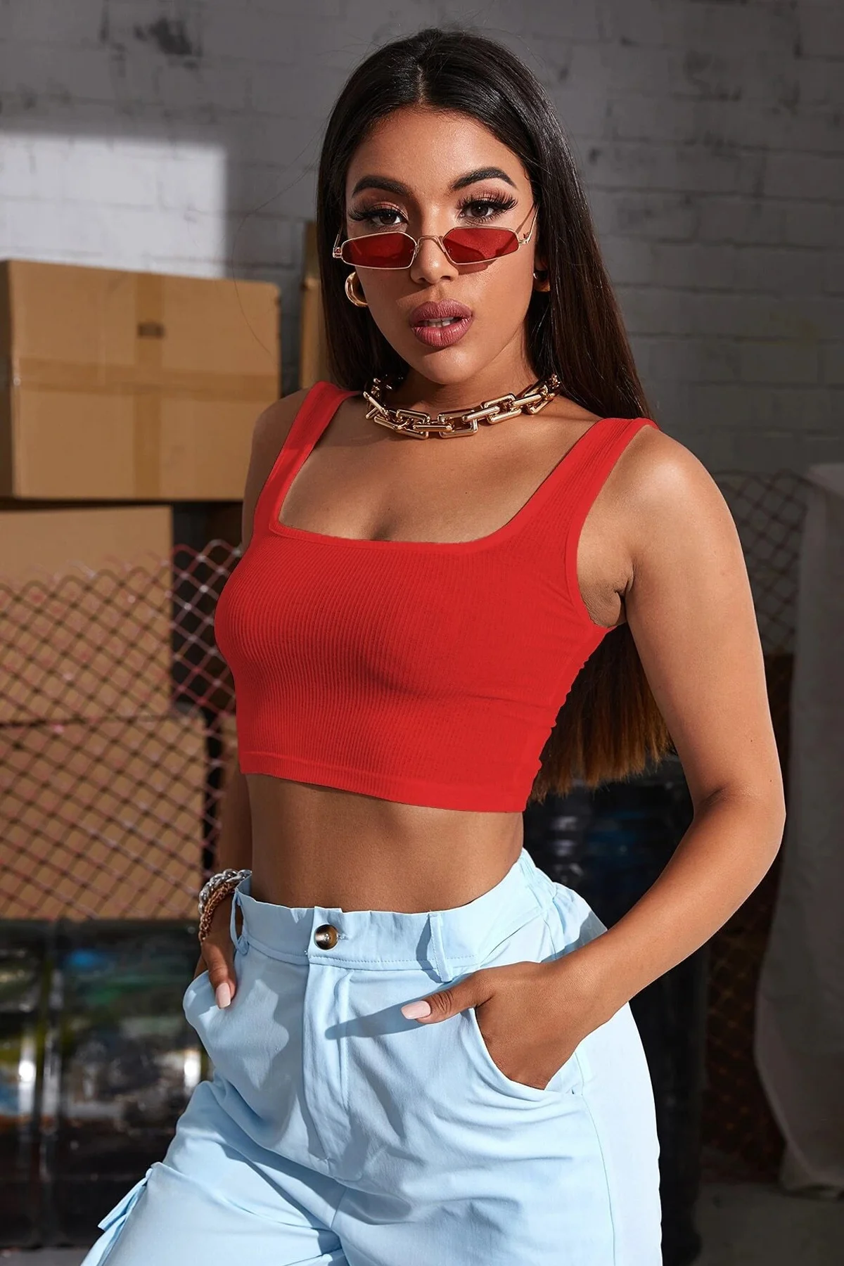 Kadın Kırmızı Kalın Askılı Crop Top Büstiyer - Konforlu ve Şık