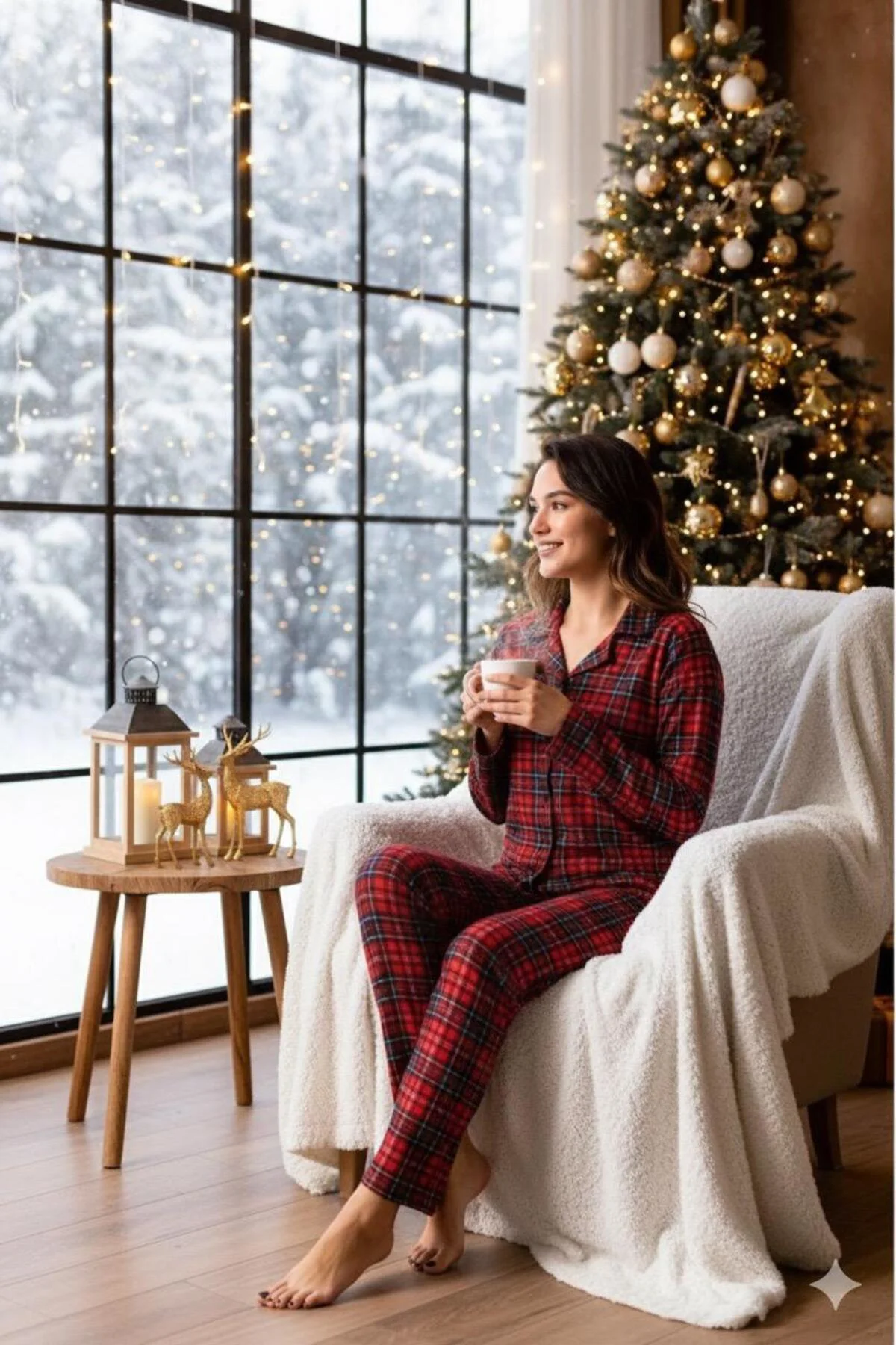 Kadın Kırmızı Kareli Gömlek Süet Pijama Takımı