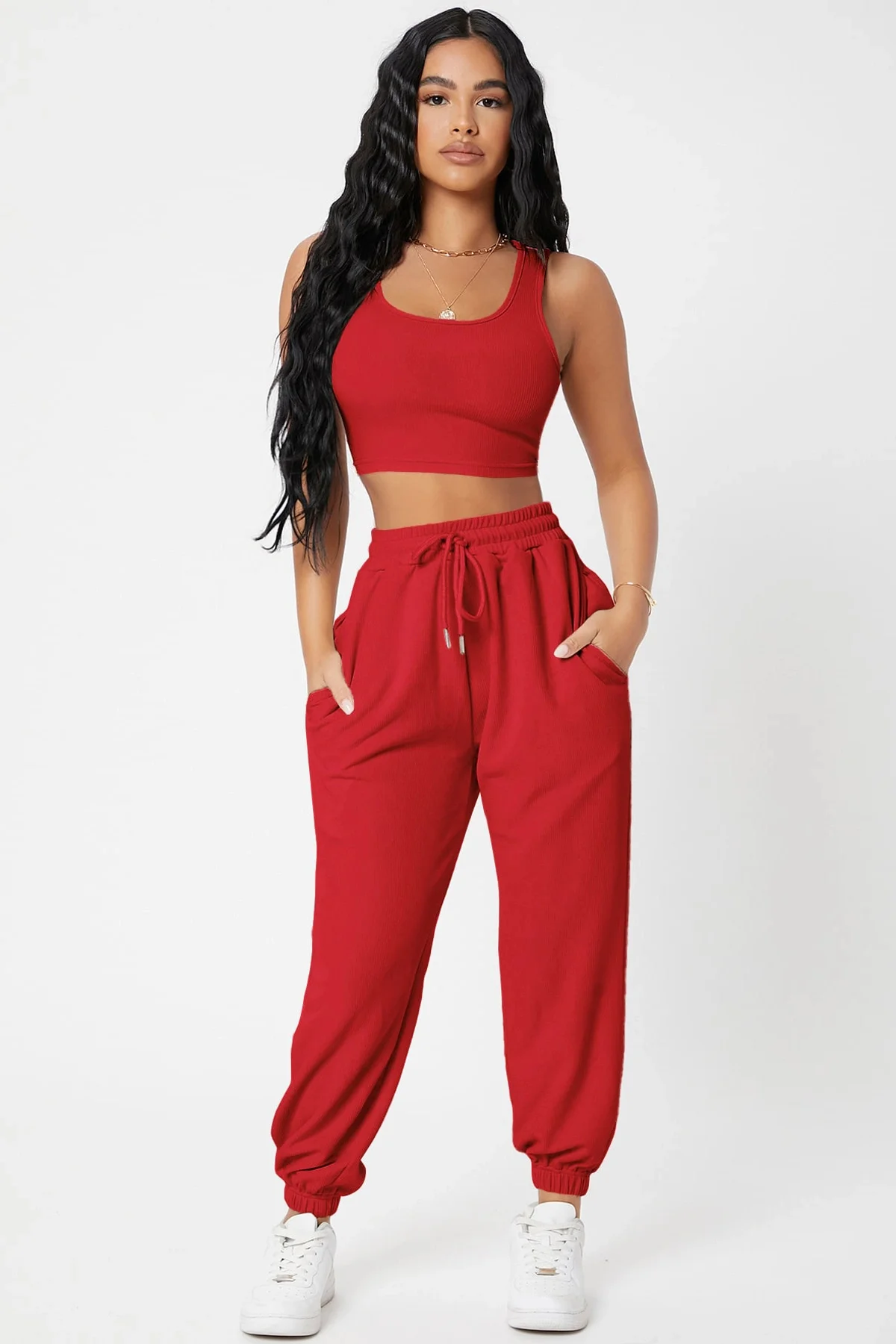 Kadın Kırmızı Kaşkorse Cepli Jogger Eşofman Altı Ve Crop Top Bluz