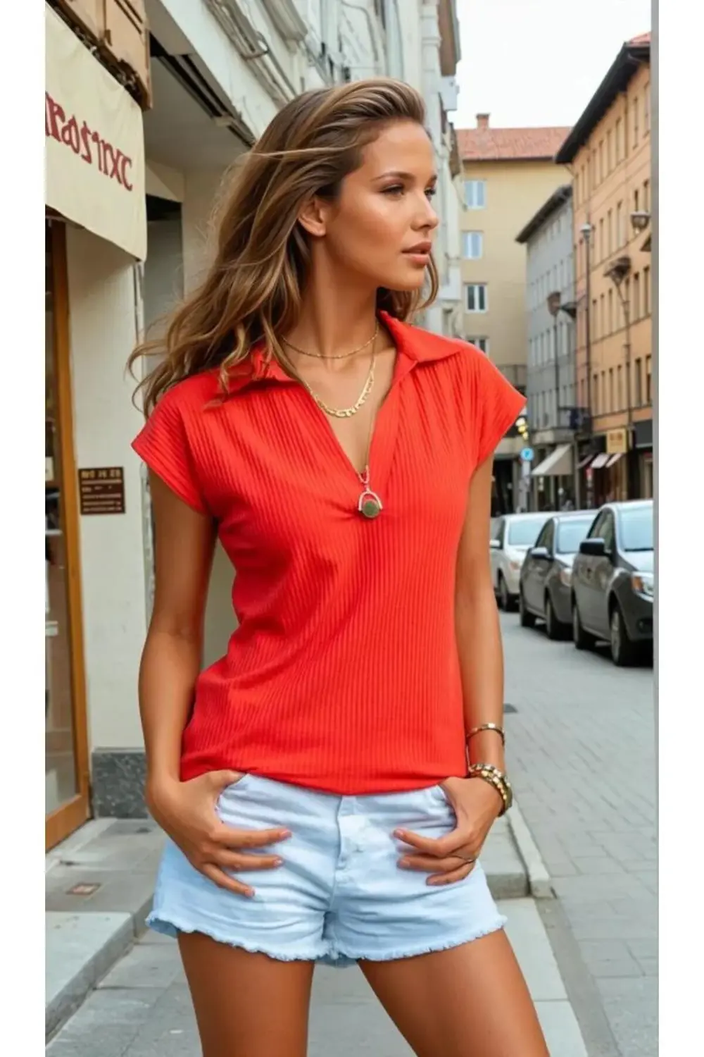 Kadın Kırmızı Mercan Kısa Kollu Fitilli Kaşkorse Viskon Pamuk Pol