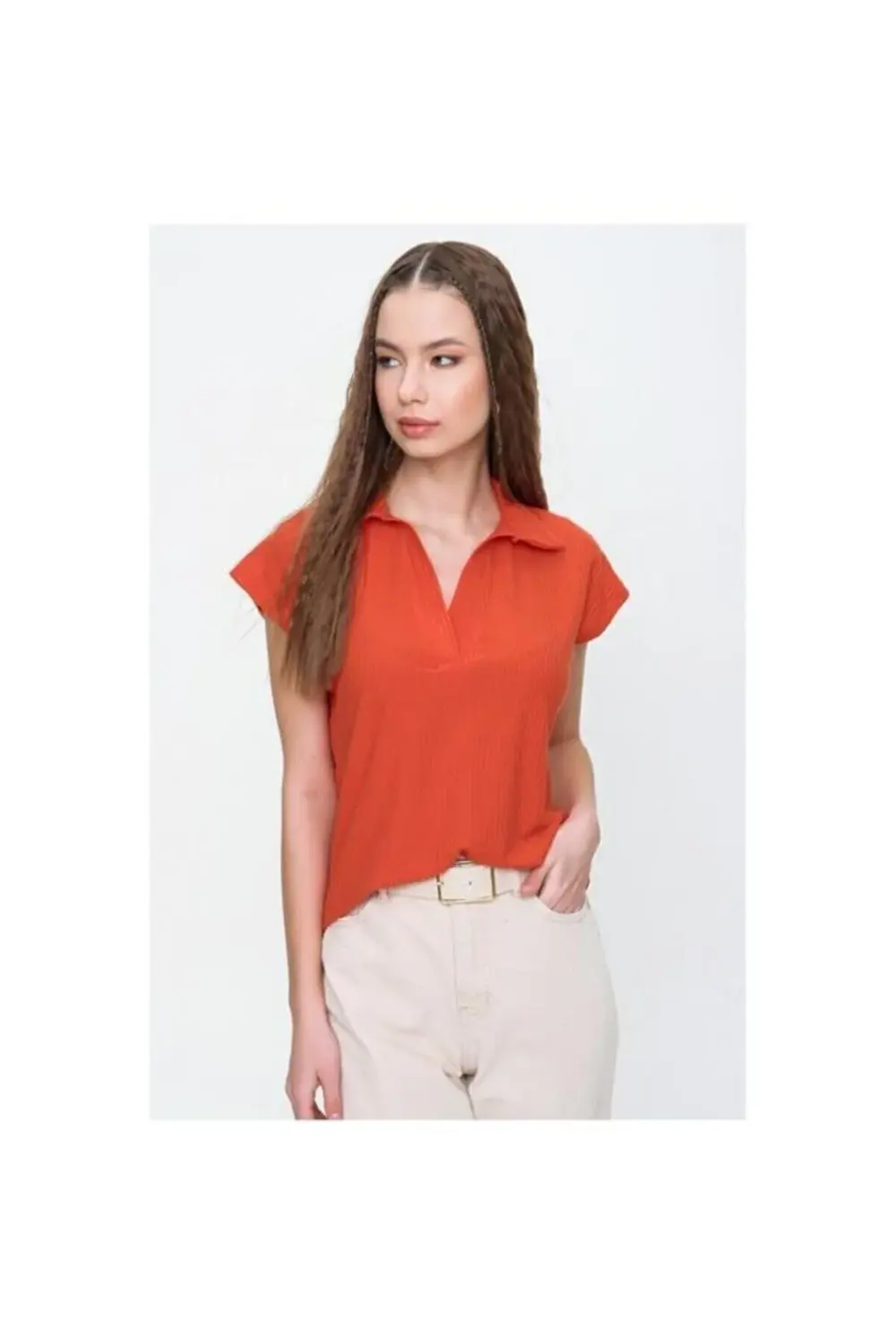 Kadın Kırmızı Mercan Kısa Kollu Fitilli Kaşkorse Viskon Pamuk Pol