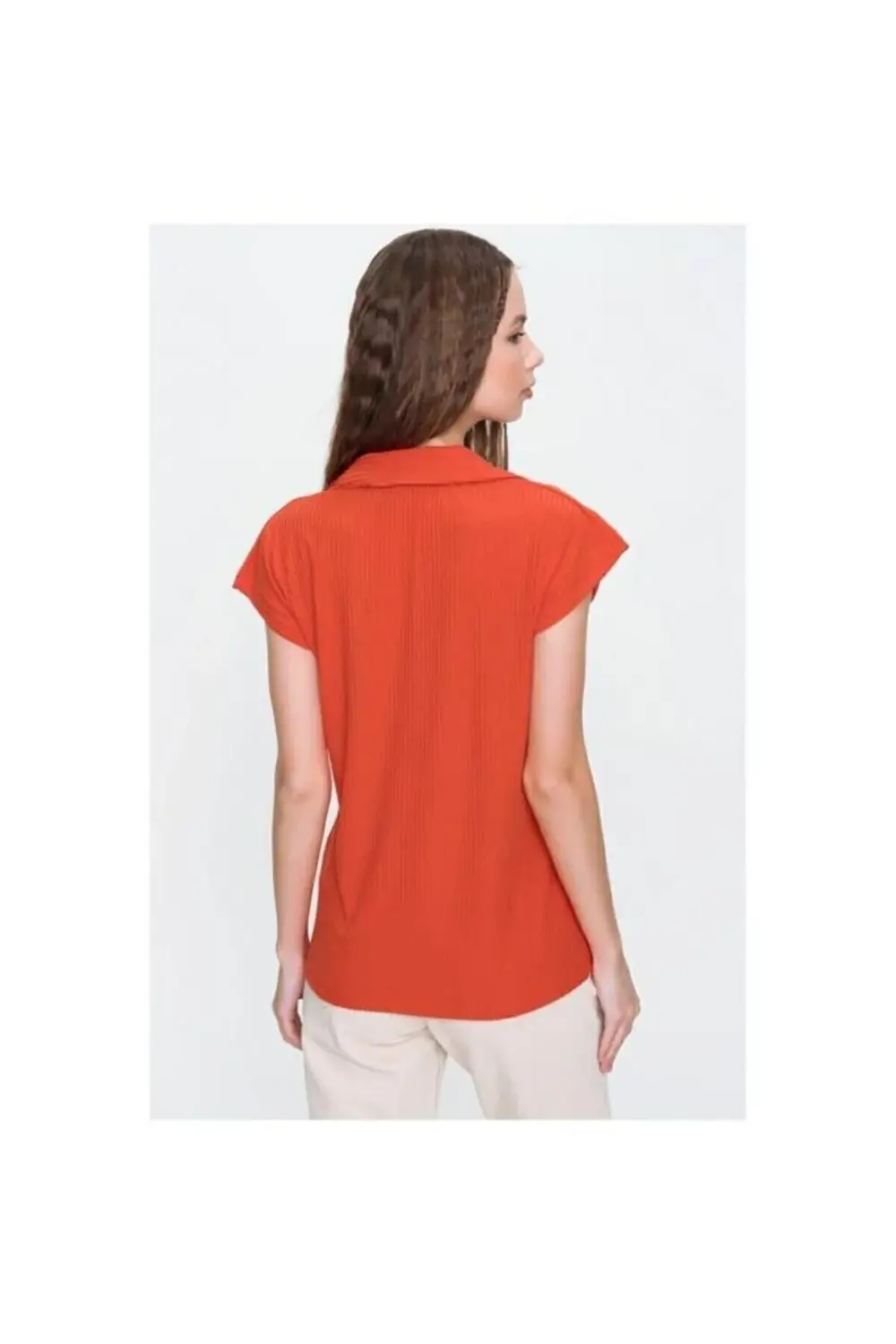 Kadın Kırmızı Mercan Kısa Kollu Fitilli Kaşkorse Viskon Pamuk Pol