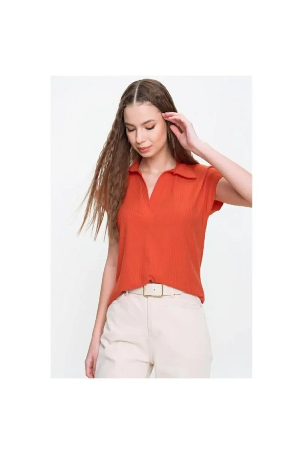 Kadın Kırmızı Mercan Kısa Kollu Fitilli Kaşkorse Viskon Pamuk Pol