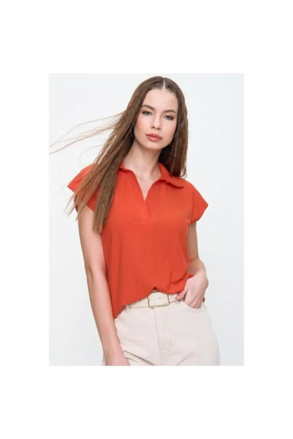 Kadın Kırmızı Mercan Kısa Kollu Fitilli Kaşkorse Viskon Pamuk Pol