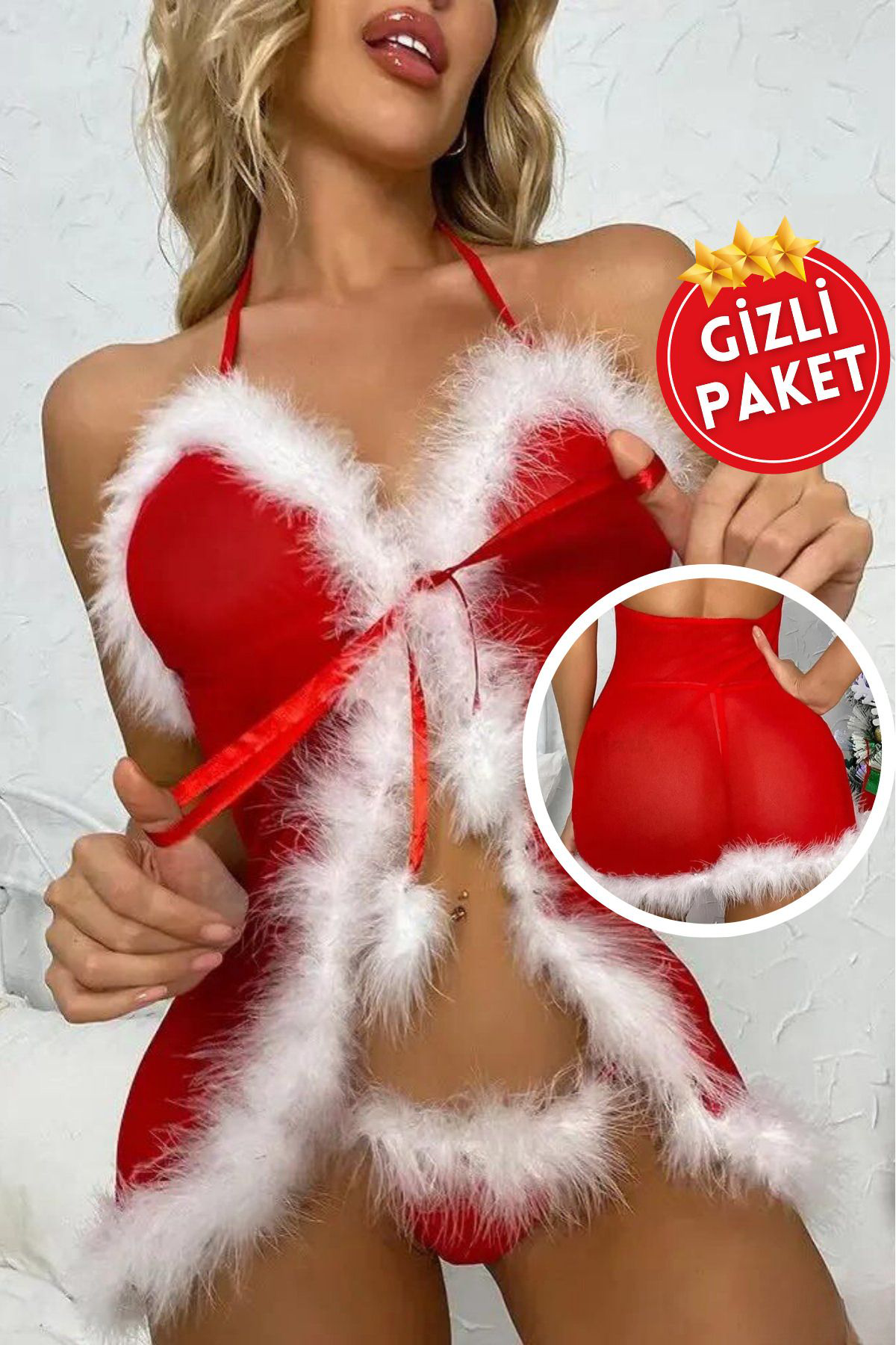 Kadın Kırmızı Ponpon Tüy Detaylı Seksi Yılbaşı Kostüm, Şık Yeniyıl Elbisesi