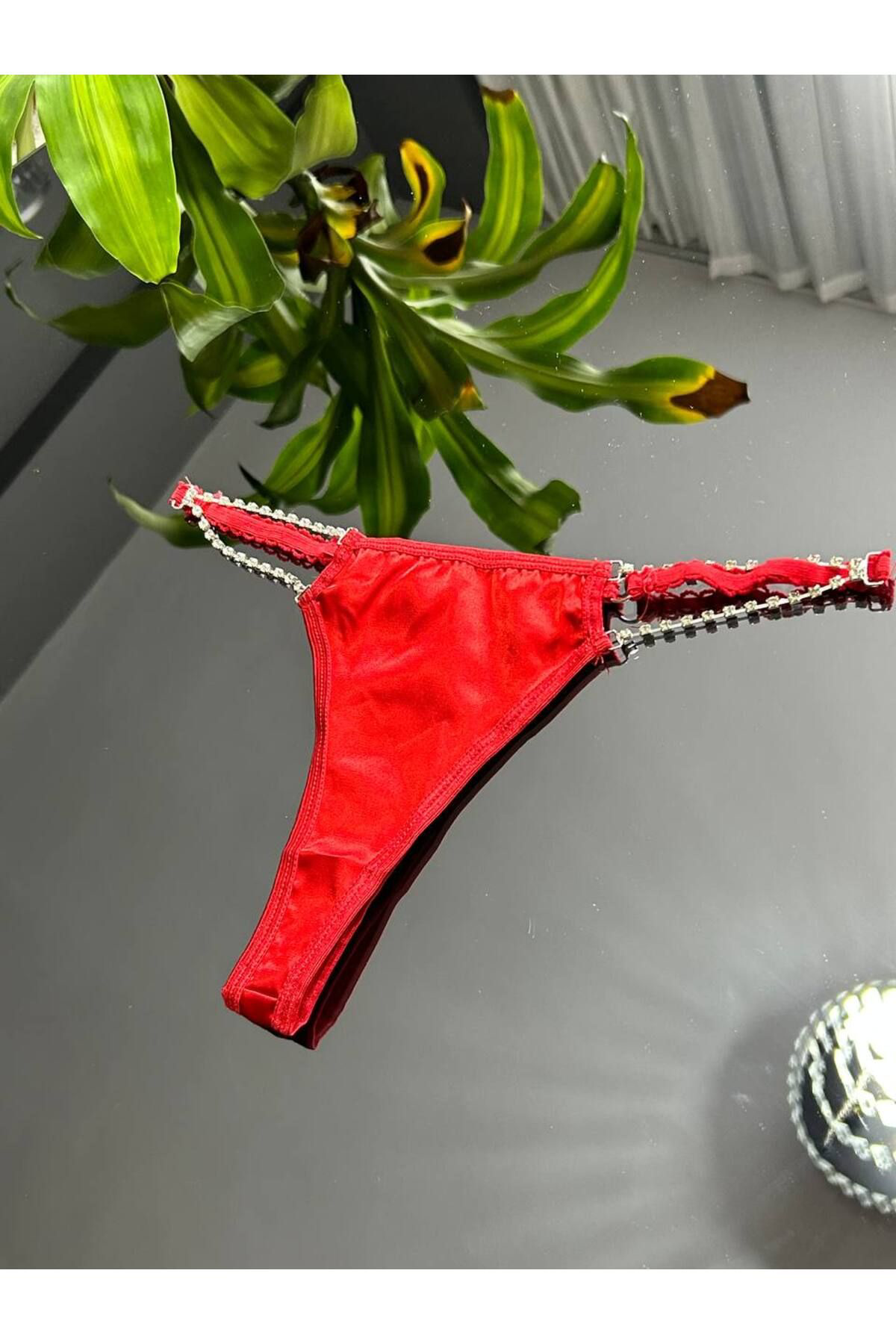 Kadın Kırmızı Seksi Dikişsiz Parlak Taş Detaylı Tanga, Kırmızı Seksi İç Çamaşırı String Külot Bikini