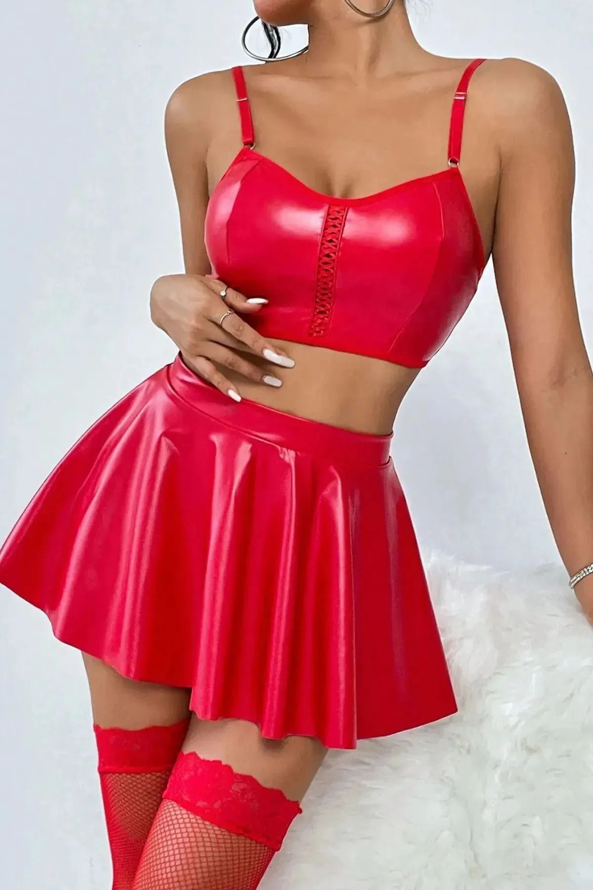Kadın Kırmızı Seksi Mini Fırfır Etekli Büstiyerli Alt Üst Takım Seksi Fantezi Kostüm Gece Elbisesi Fiyatı, Yorumları ve Özellikleri