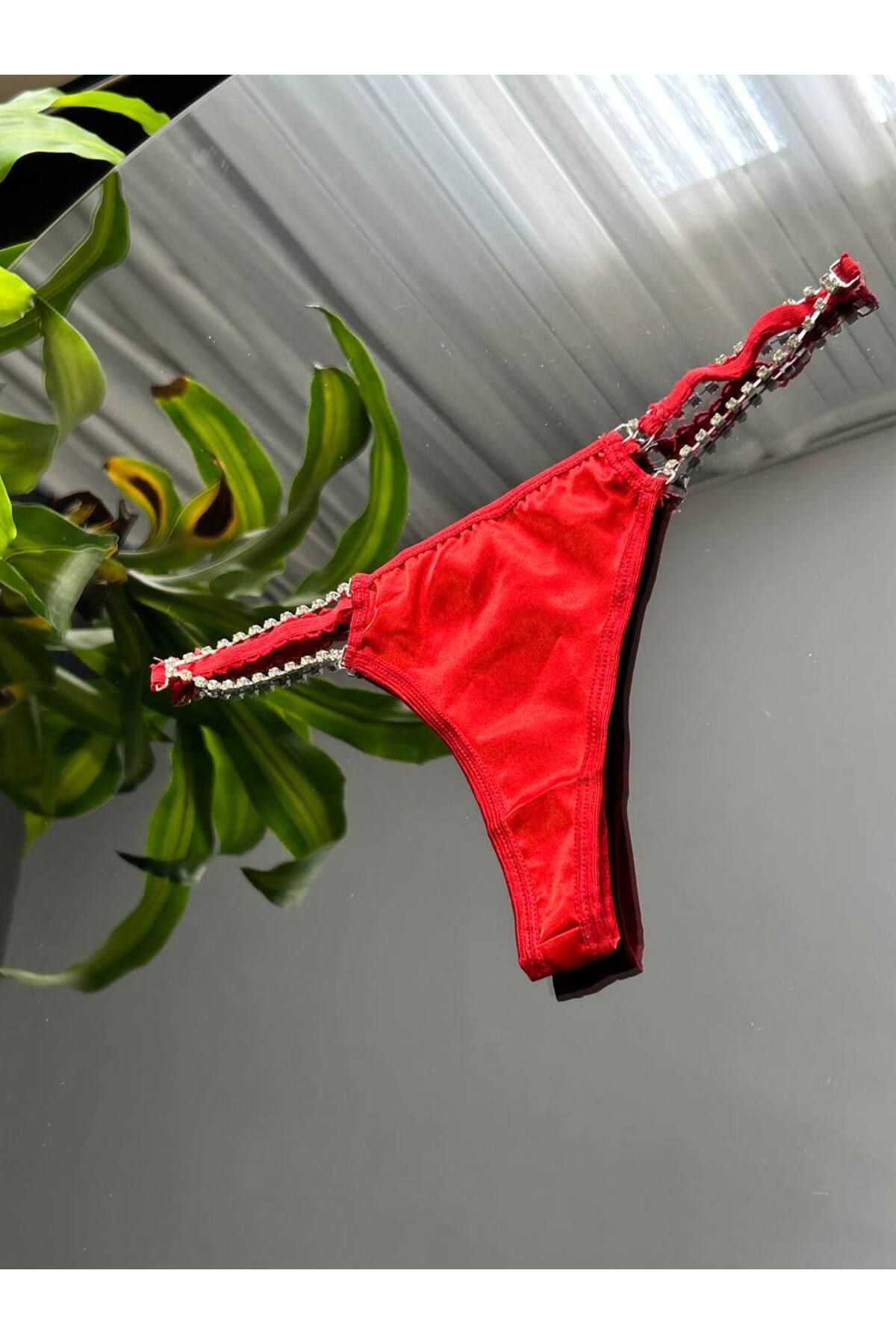 Kadın Kırmızı Seksi Dikişsiz Parlak Taş Detaylı Tanga, Kırmızı Seksi İç Çamaşırı String Külot Bikini