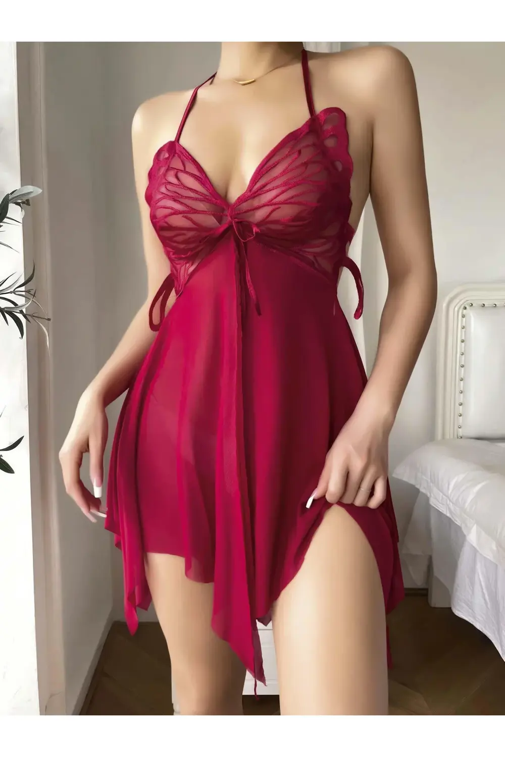 Kadın Kırmızı Transparan Kelebek Detaylı Tül Fantezi Gecelik 2245