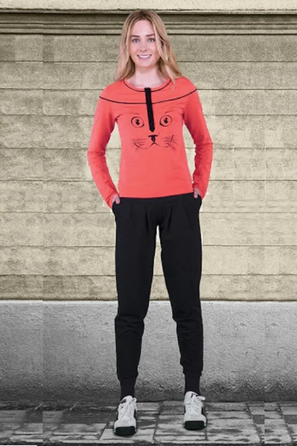 Kadın Kırmızı Uzun Kol Spor Eşofman Takımı Mercan