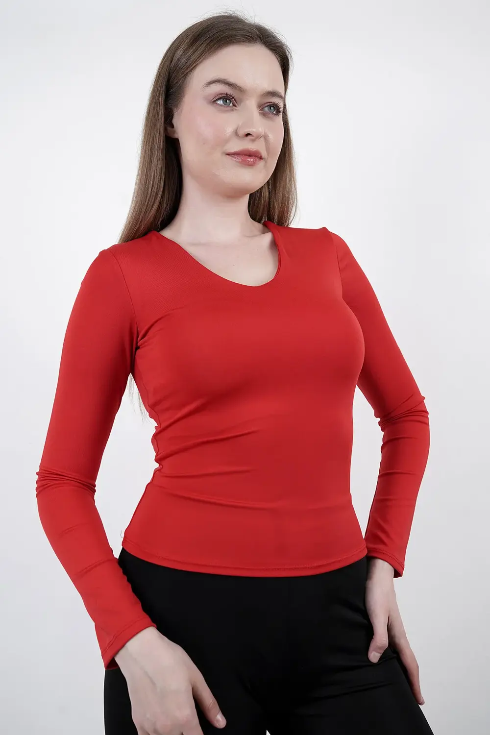 Kadın Kırmızı V Yaka Bluz