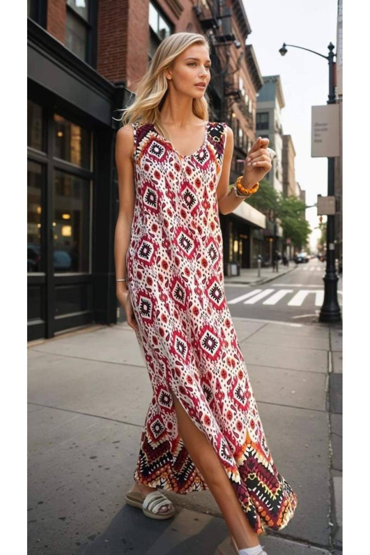 Pasaklı Giyim Kadın Kırmızı Viskon Kalın Askılı Etnik Desenli Salaş Uzun Bohem