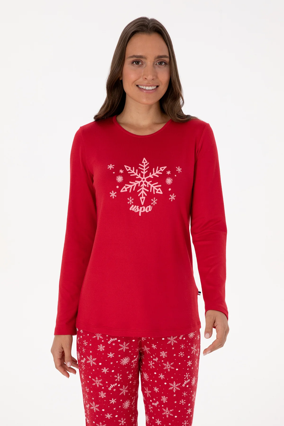 Kadın Kırmızı Yılbaşı Temalı Pijama Takımı 50318862-VR030