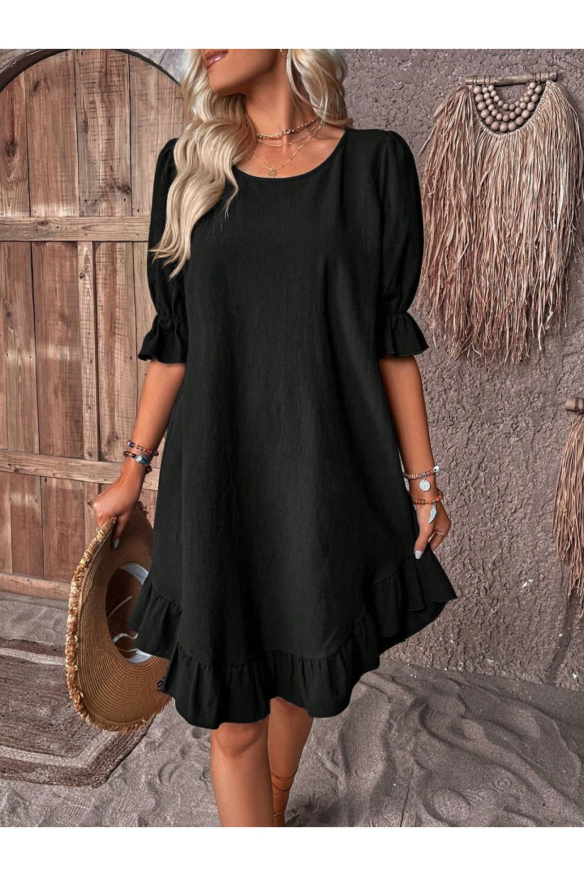 Kadın Kısa Kollu Kol Ve Eteği Volanlı Bisiklet Yaka Aerobin Elbis