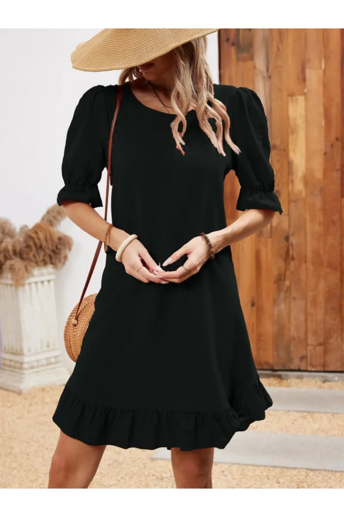 Kadın Kısa Kollu Kol Ve Eteği Volanlı Bisiklet Yaka Aerobin Elbis