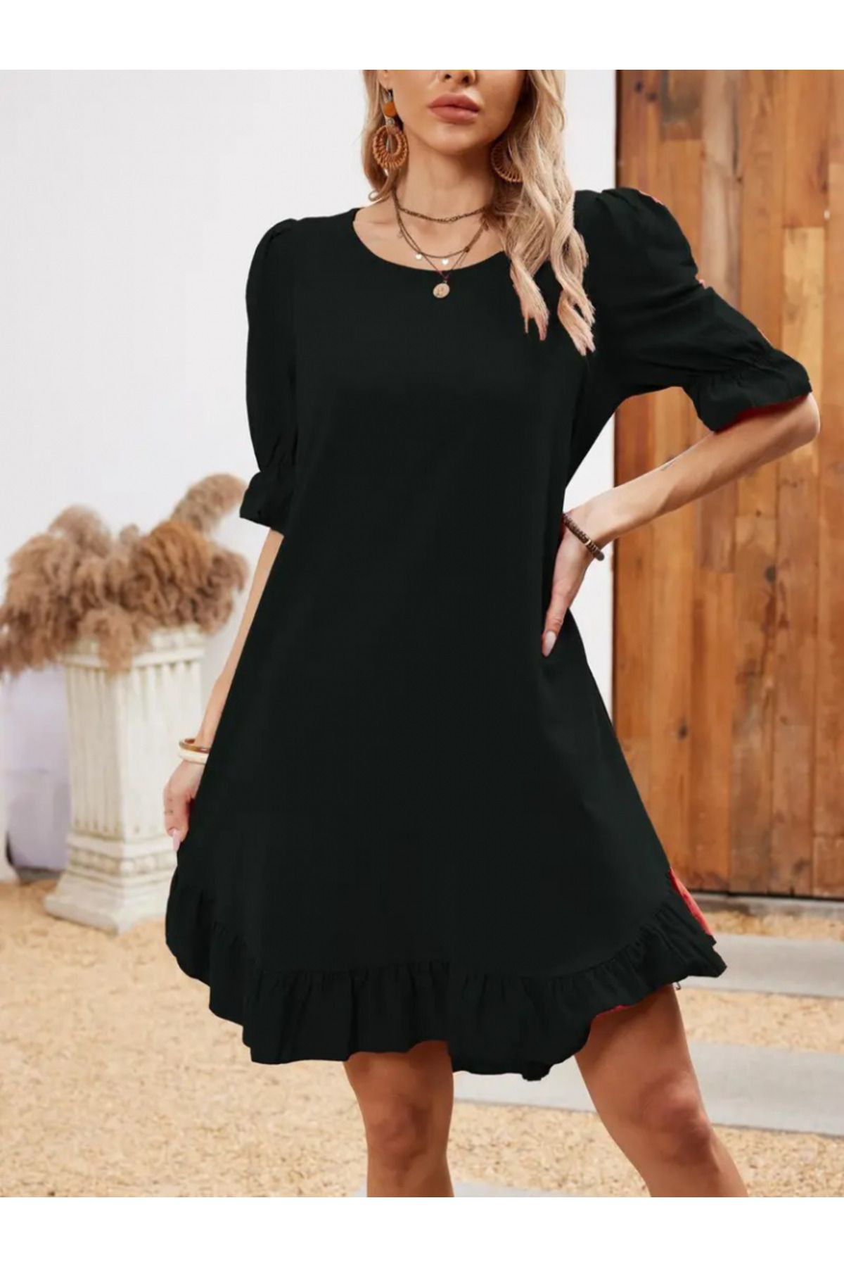 Kadın Kısa Kollu Kol Ve Eteği Volanlı Bisiklet Yaka Aerobin Elbis