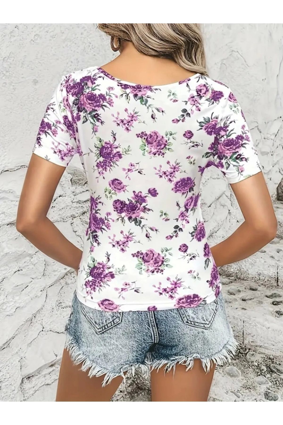 Kadın Kısa Kollu Bisiklet Yaka çiçek Baskılı Süprem Bluz