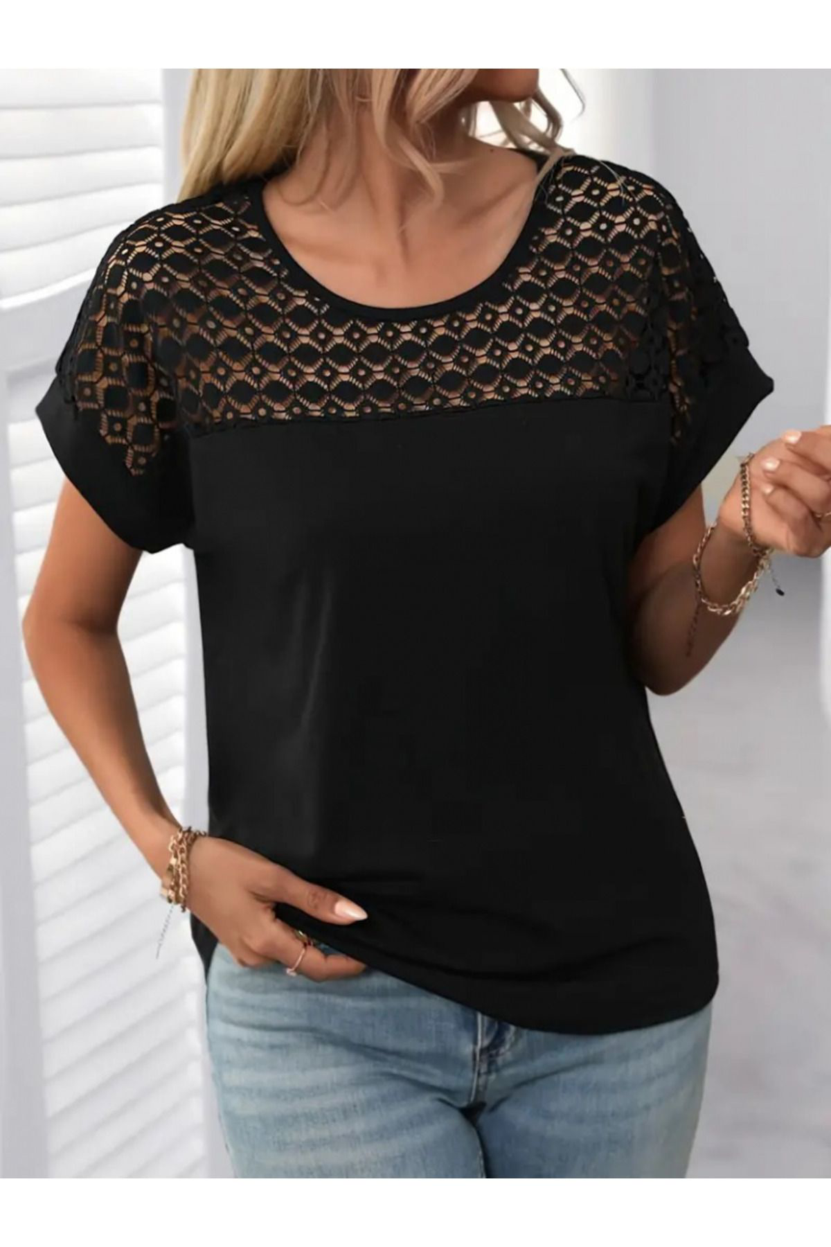 Kadın Kısa Kollu Bisiklet Yaka Salaş Viskon Bluz