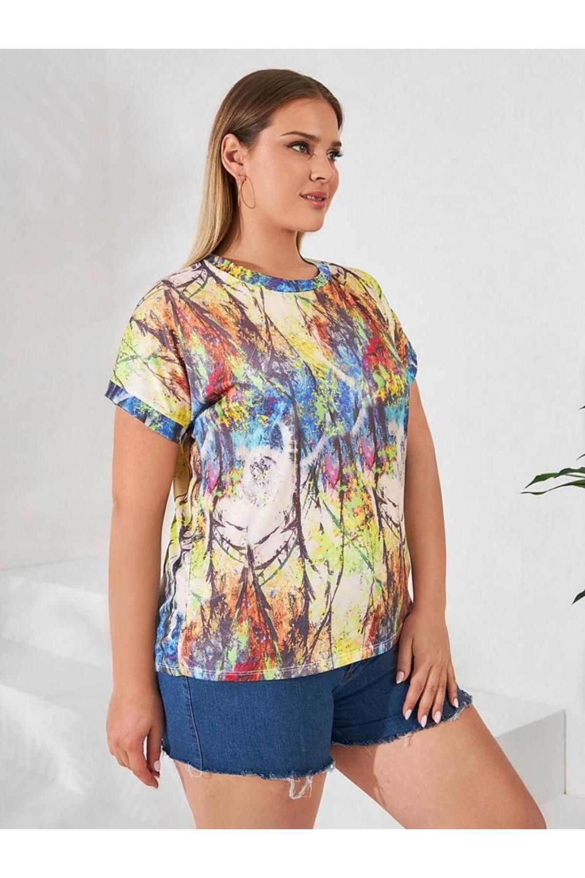 Etol Textile Kadin Kisa Kollu Bisiklet Yaka Sarmaşik Desen Krep Büyük Beden Bl