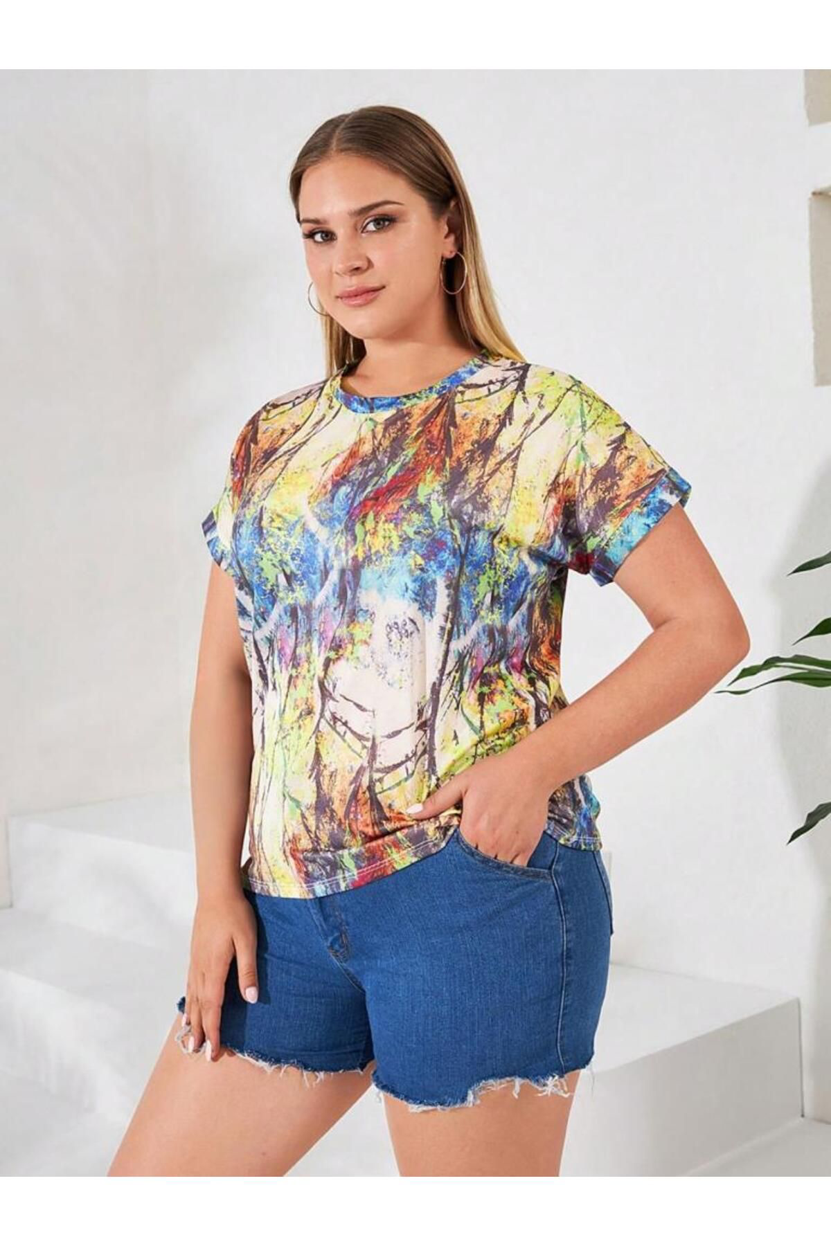 Etol Textile Kadin Kisa Kollu Bisiklet Yaka Sarmaşik Desen Krep Büyük Beden Bl