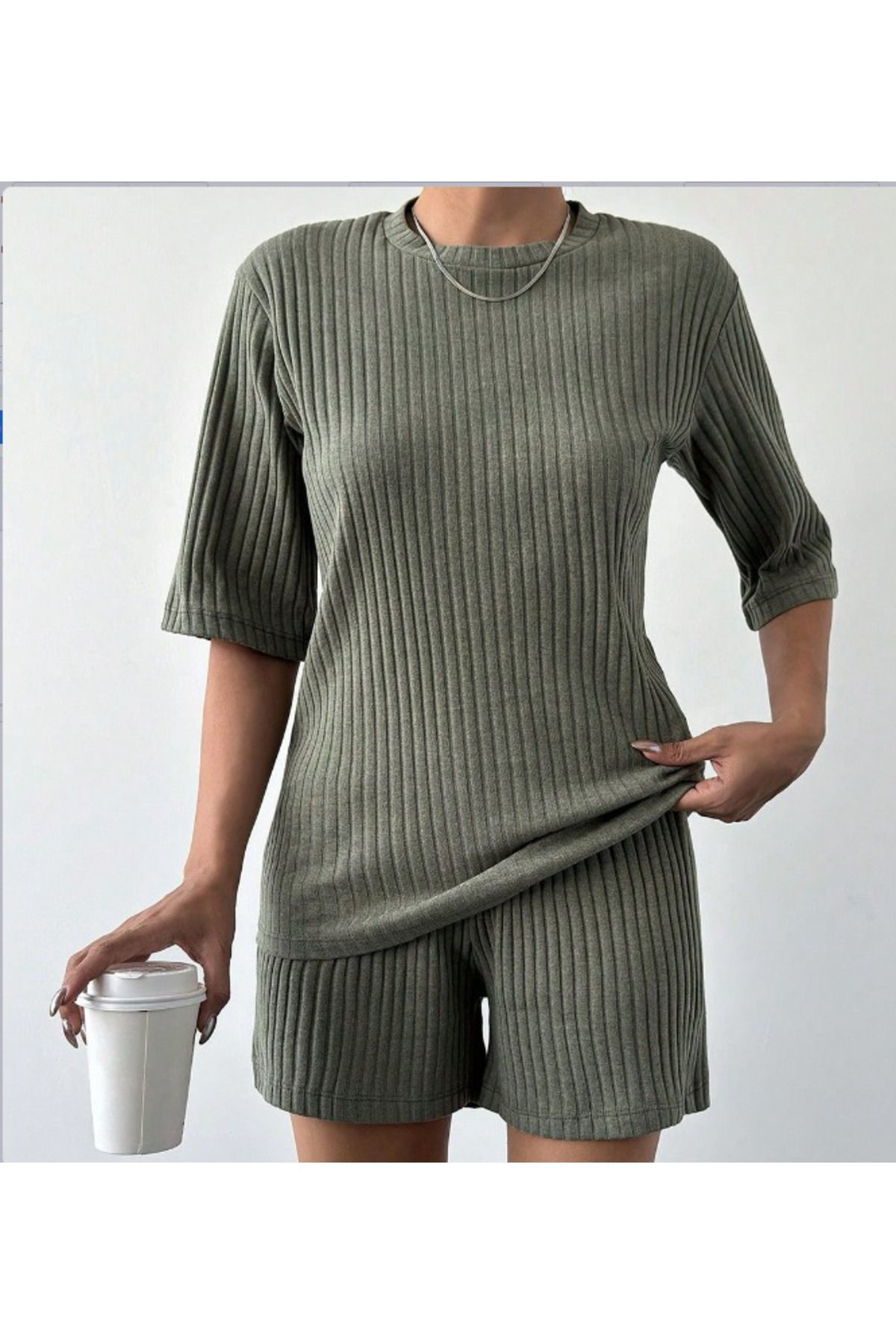 Kadın Kısa Kollu Bisiklet Yaka Kaşkorse Bluz şort Ikili Takım