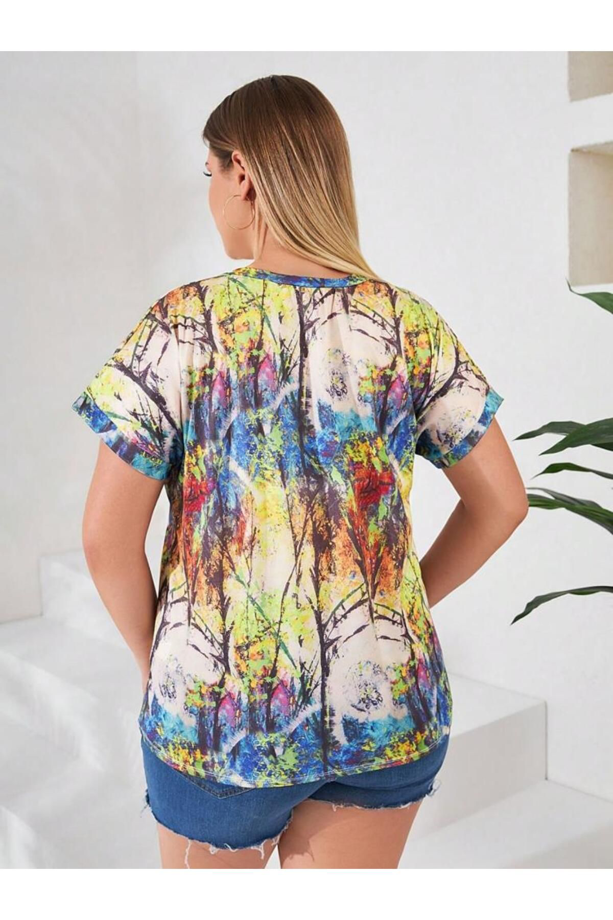 Etol Textile Kadin Kisa Kollu Bisiklet Yaka Sarmaşik Desen Krep Büyük Beden Bl