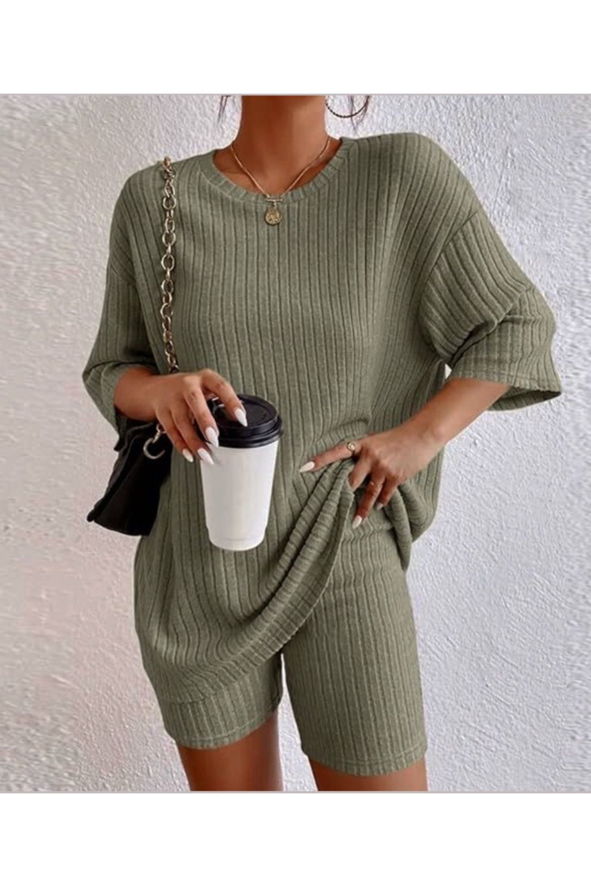 Kadın Kısa Kollu Bisiklet Yaka Kaşkorse Bluz şort Ikili Takım