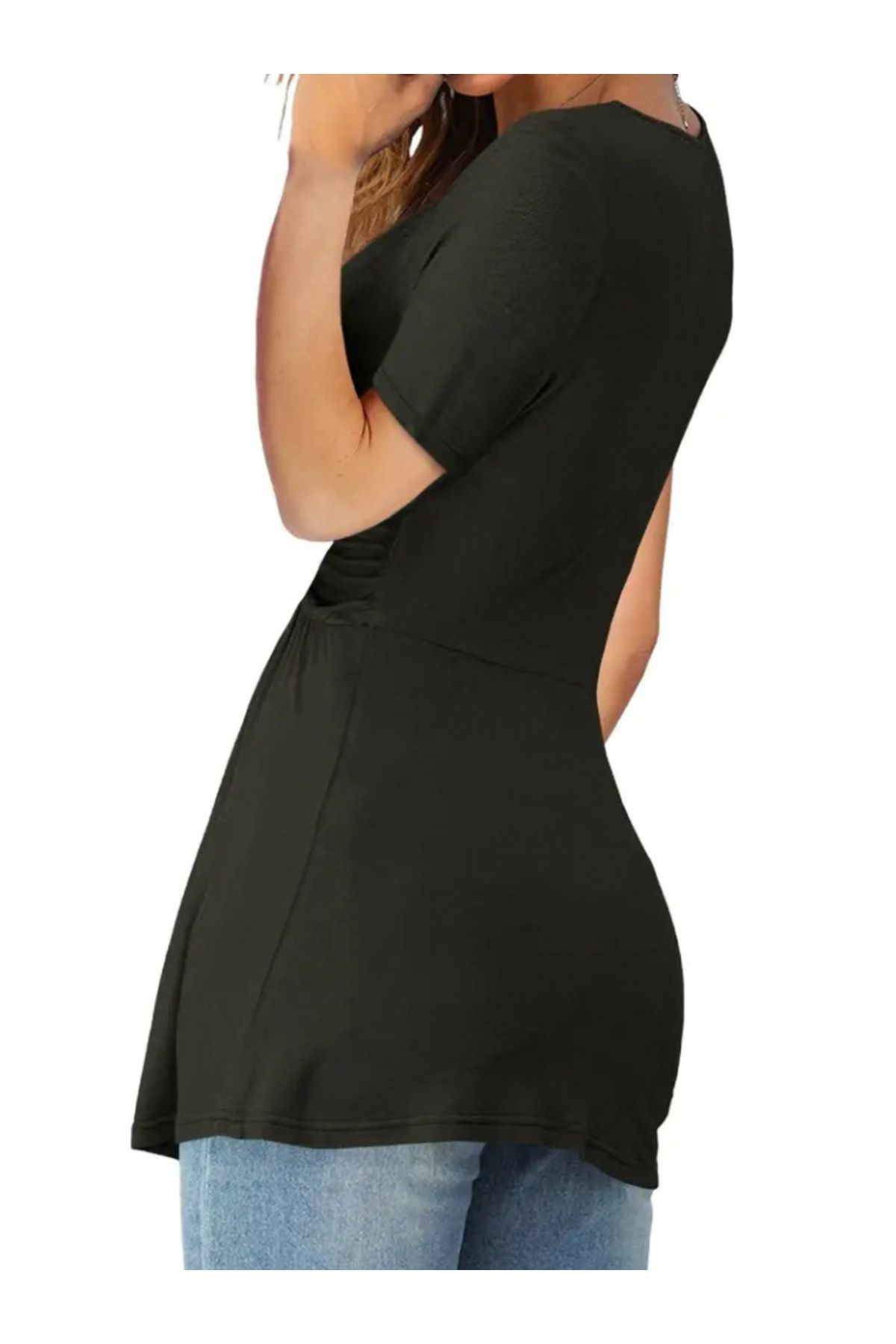Kadın Kısa Kollu önü Düğüm Detay Viskon Bluz