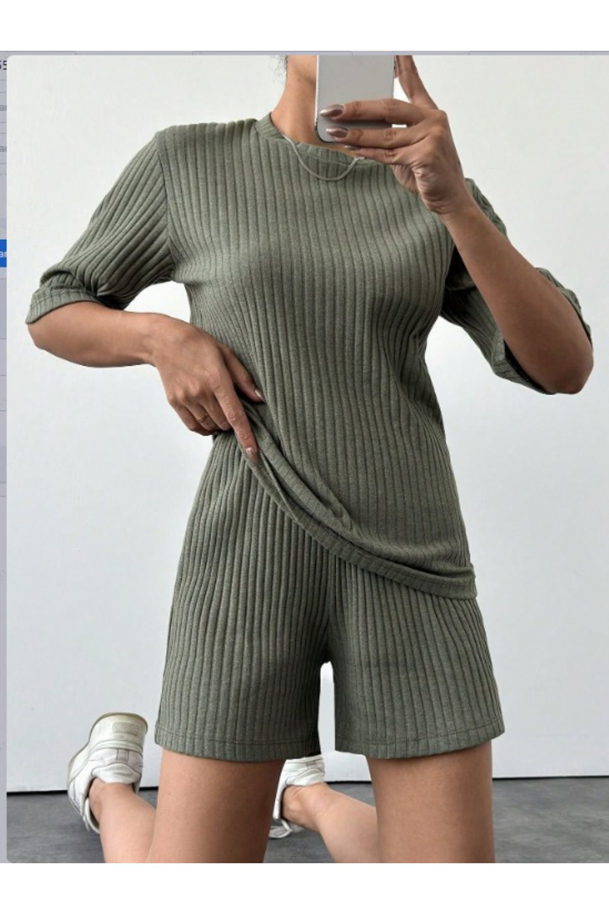 Kadın Kısa Kollu Bisiklet Yaka Kaşkorse Bluz şort Ikili Takım