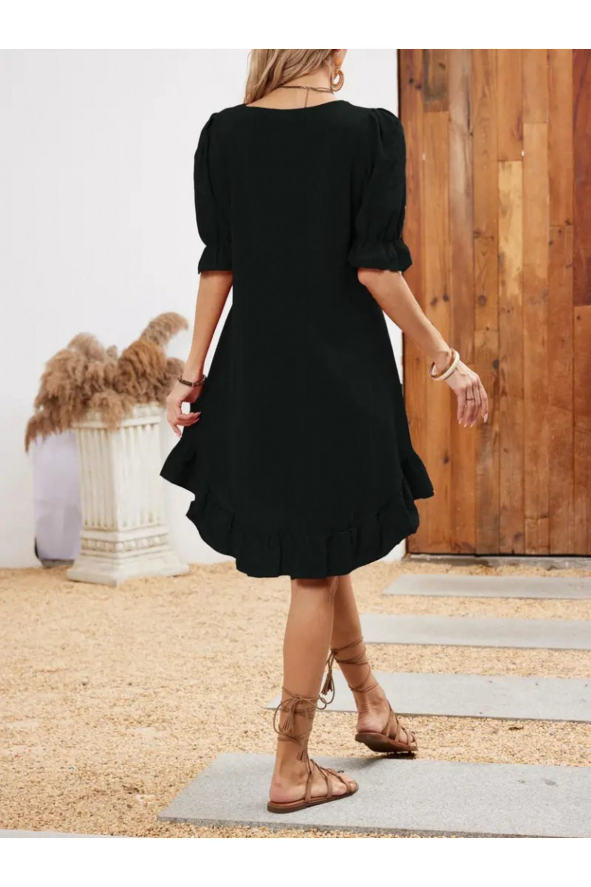 Kadın Kısa Kollu Kol Ve Eteği Volanlı Bisiklet Yaka Aerobin Elbis