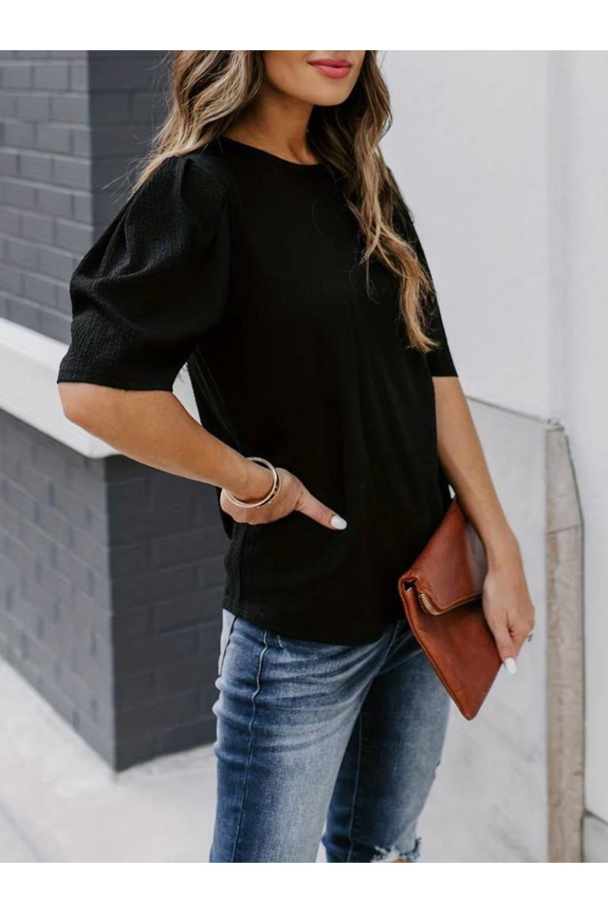 Kadın Kısa Kollu Pileli Balon Kol Bürümcük Bluz