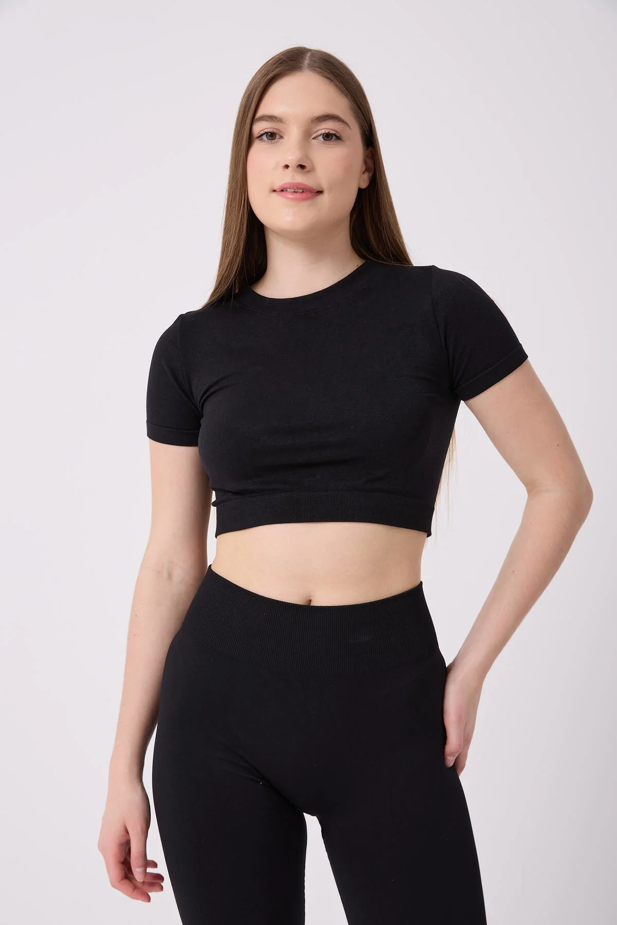 Kadın Kısa Kollu Esnek Basic Crop T-Shirt
