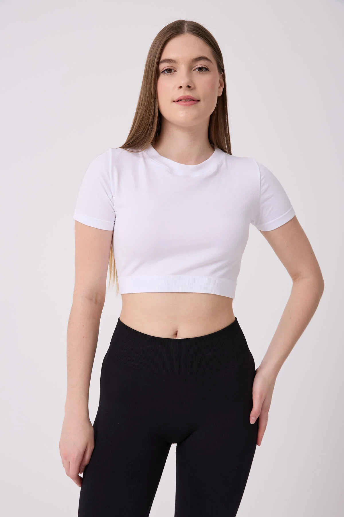 Kadın Kısa Kollu Esnek Basic Crop T-Shirt