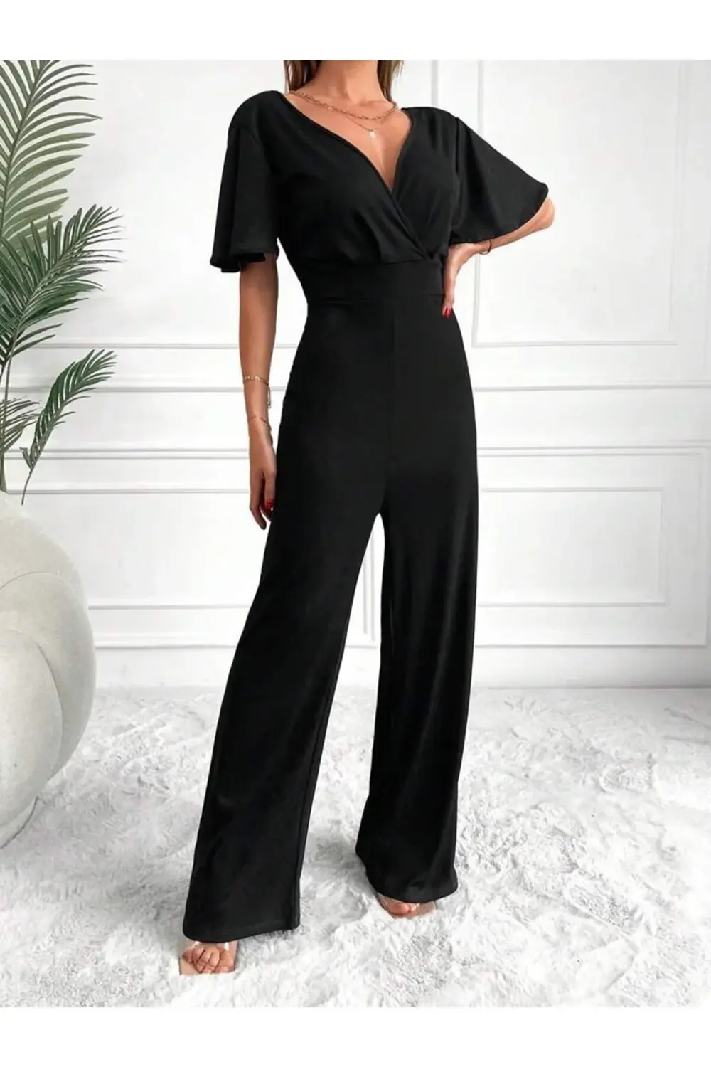 Kadın Kısa Kollu Kruvaze Yaka Sırt Dekolteli Pegasus Kumaş Tulum