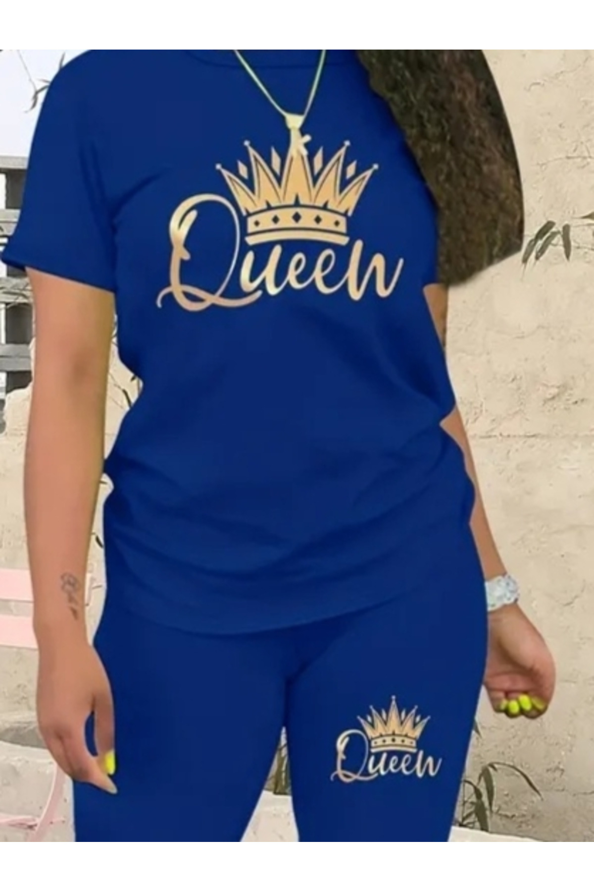 Kadın Kısa Kollu Queen Baskı Viskon Ikili Takım