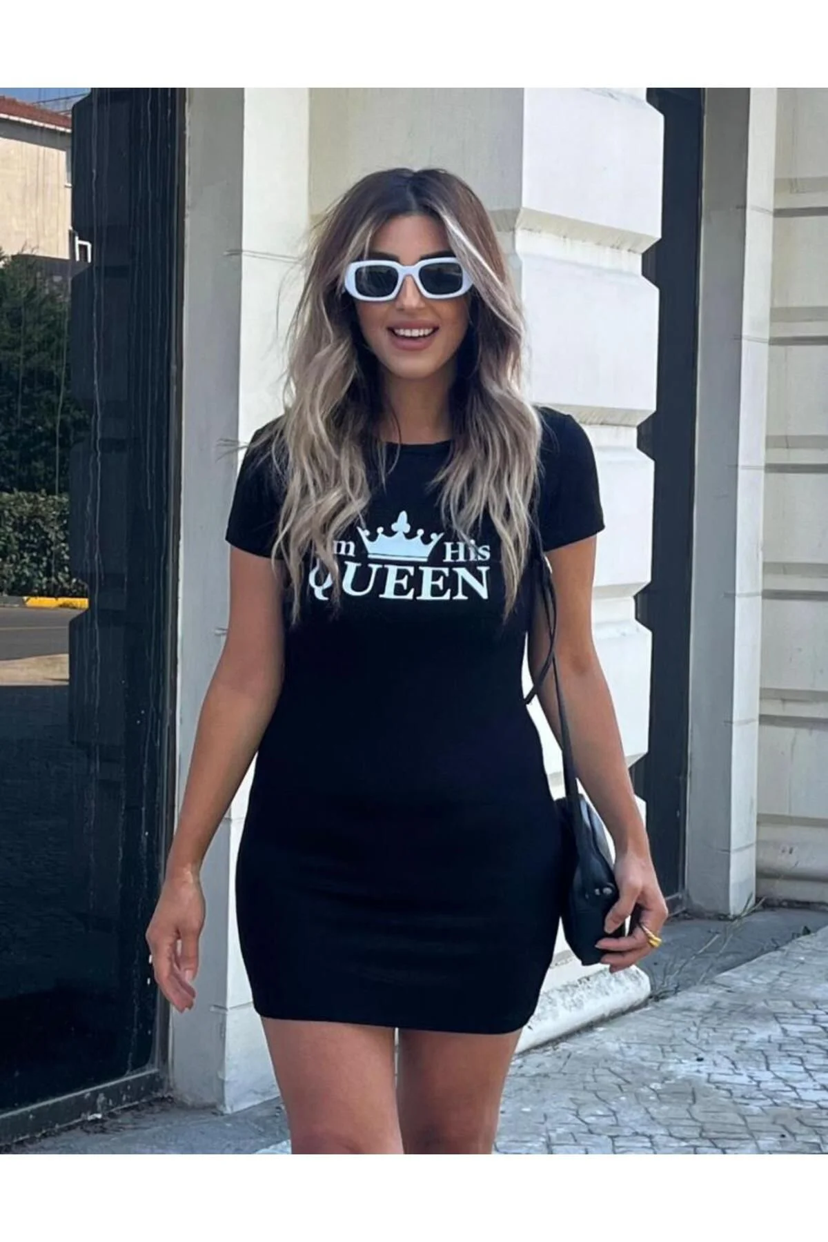 Kadın Kısa Kollu Queen Baskı Iki Iplik Mini Elbise