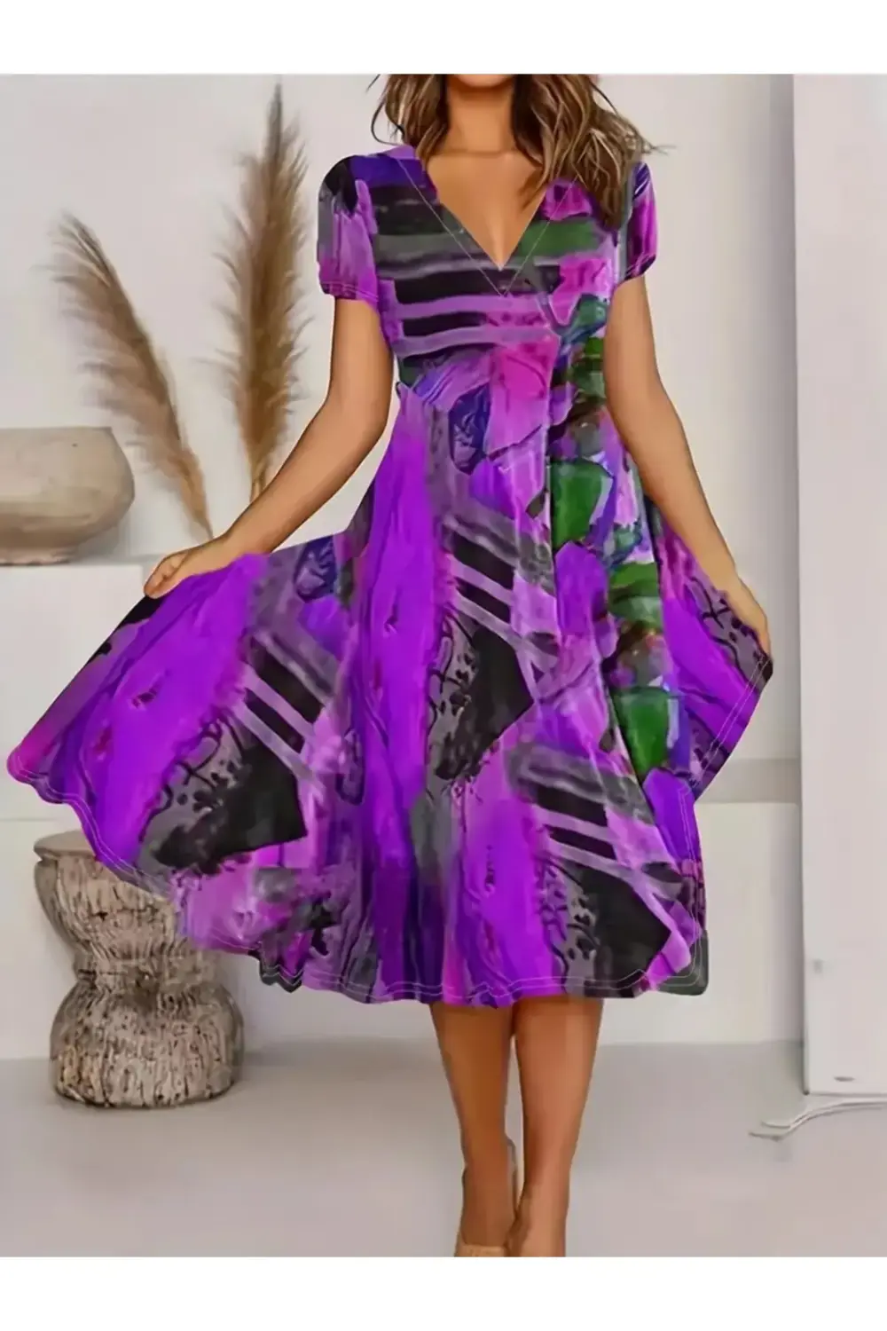 Kadın Kısa Kollu V Yaka Renkli Karışık Desen Kloş Süprem Midi Elb