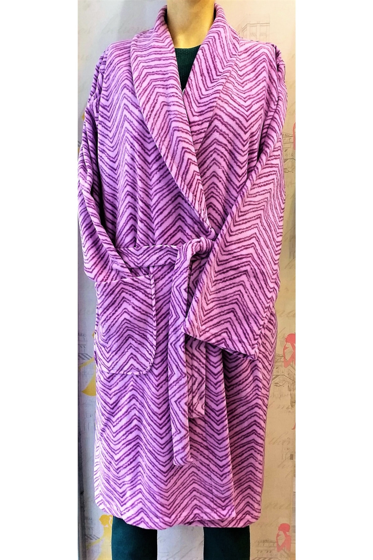 Kadın Kısa Polar Sabahlık Desenli