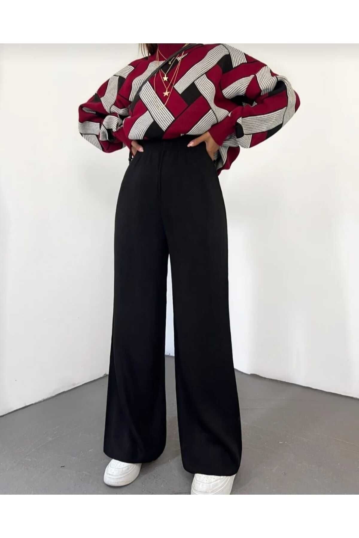 Mavimoure Kadın Kışlık Rahat Kalıp Bol Paça Comfort Beli Lastikli Triko Pan