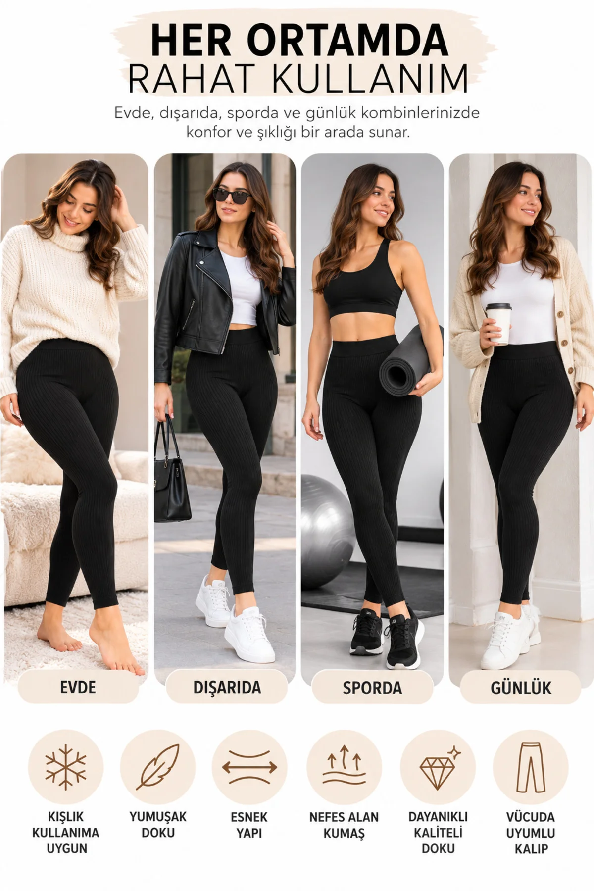 Kadın Kışlık Şardonlu Fitilli Termal Tayt Yüksek Bel Esnek Çelik Örme Siyah