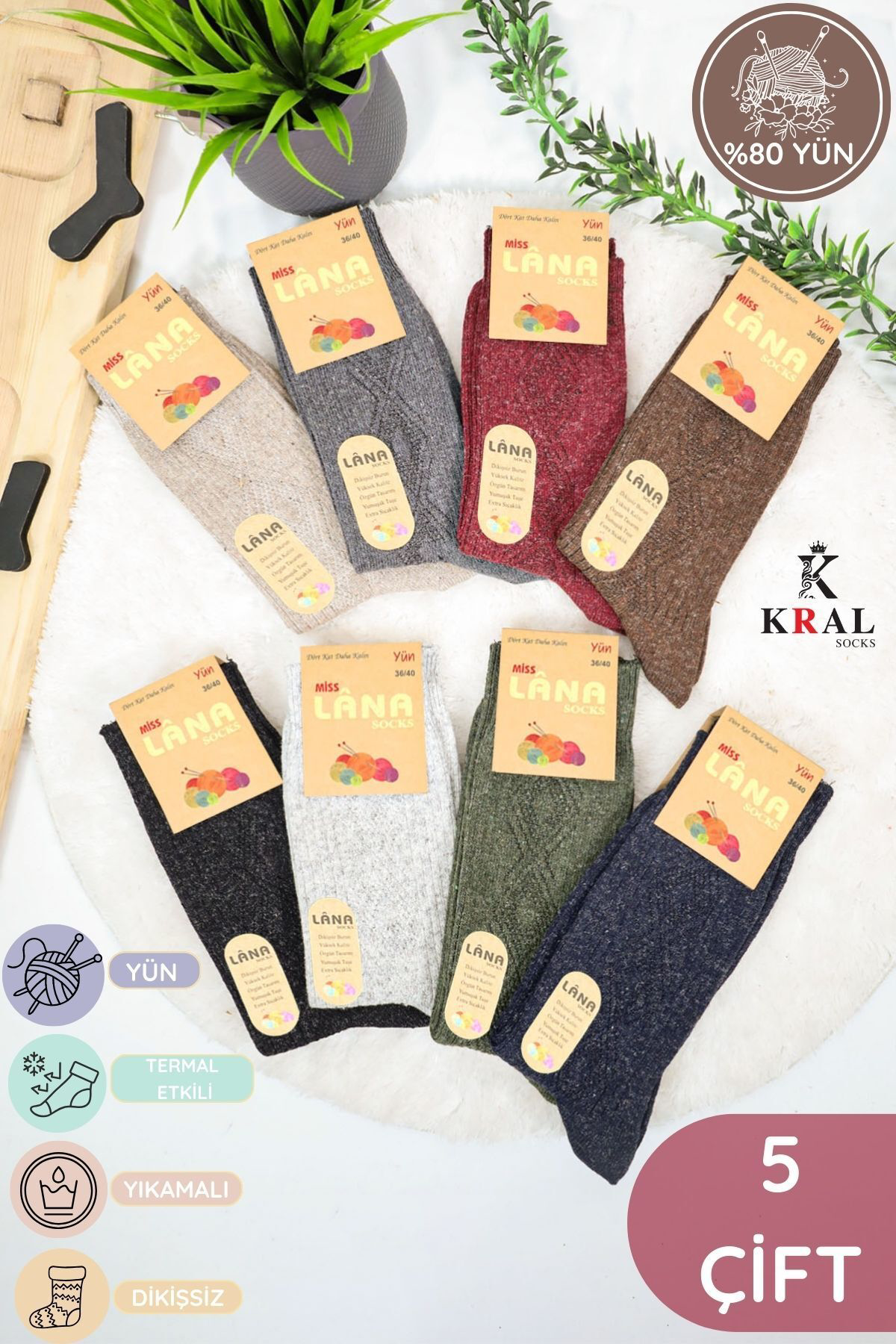 Kral Socks Kadin Kişlik Termal Etkili (5 Çift) Çorap Lambswool Yünlü (36-40 
