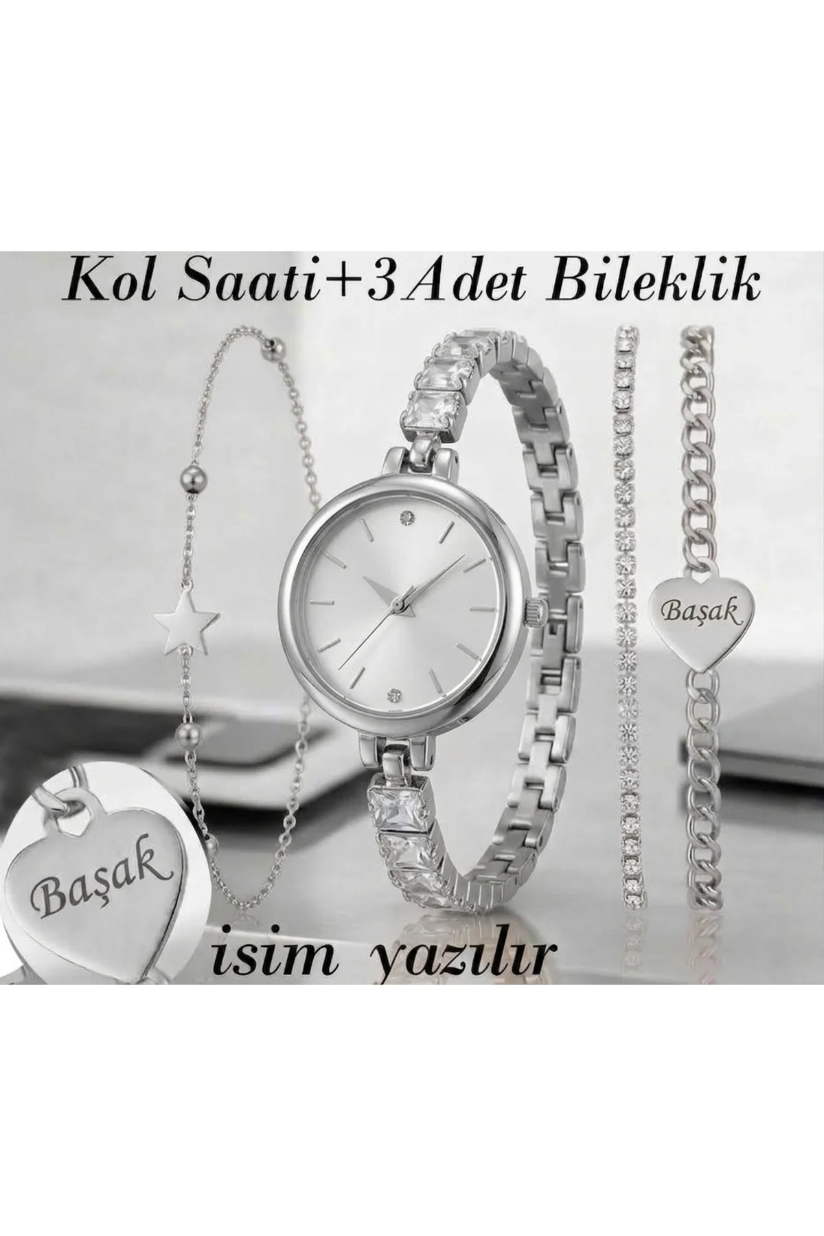 KADIN Kol Saati Kişiye Özel Bileklikli Kol Saati+3 Adet Bileklik Gümüş Renk Fiyatı, Yorumları ve Özellikleri