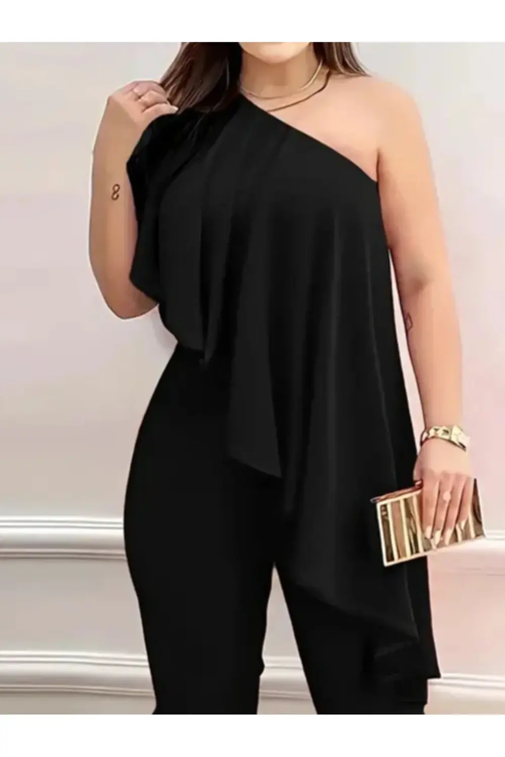 Kadın Kolsuz Tek Omuzu Açık önünde Volan Detay Sandy Tulum