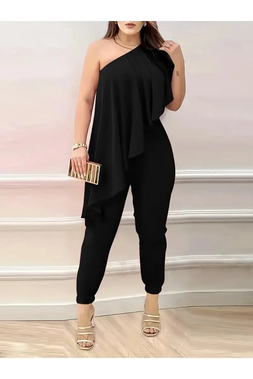 Kadın Kolsuz Tek Omuzu Açık önünde Volan Detay Sandy Tulum